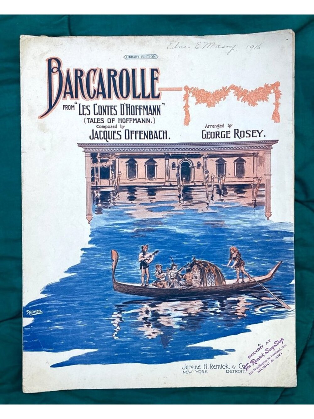 1919 Barcarole Sheet Music Jacques Offenbach Portland OR Music Stamp